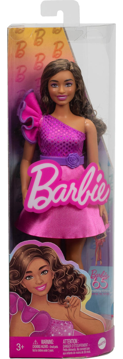 Barbie Fashionistas Doll #225 with curvy body, brown hair, pink sparkly dress, accessories, 65th anniversary collectible toy.