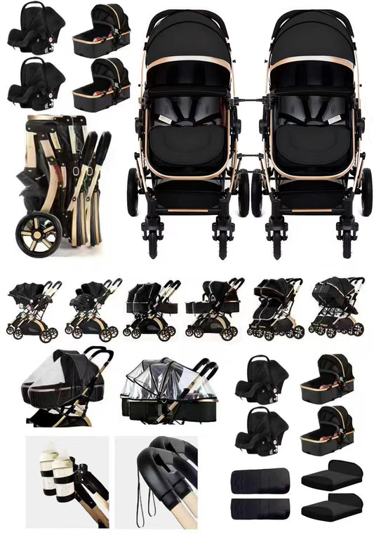 Rexhan Twin 4 in 1 Reversible Travel System, Foldable Double Baby Buggy, Twin Toddler Pram, Pushchair, Lightweight, Tandem All in One Stroller, Portable Baby Carriage, 0-4 Year, Aluminium Frame