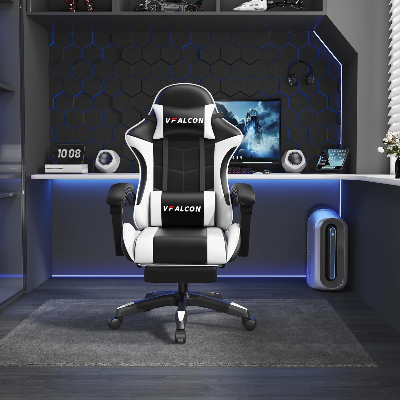 Vfalcon XTREME gaming chair in white with ergonomic design, reclining feature, footrest, 360° swivel, and adjustable height
