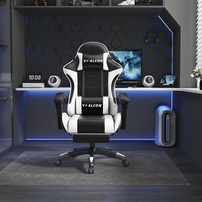 Vfalcon XTREME gaming chair in white with ergonomic design, reclining feature, footrest, 360° swivel, and adjustable height