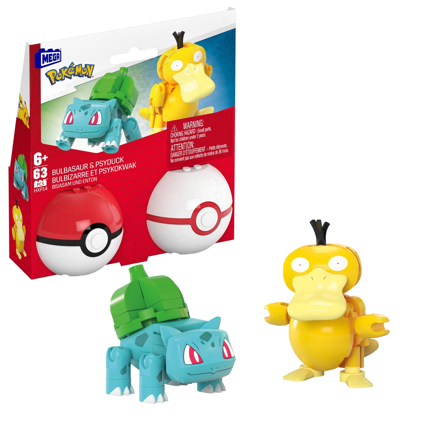 MEGA Pokémon Building Toys set featuring Bulbasaur and Psyduck, 63 pieces, and a Poké Ball, ideal for kids.