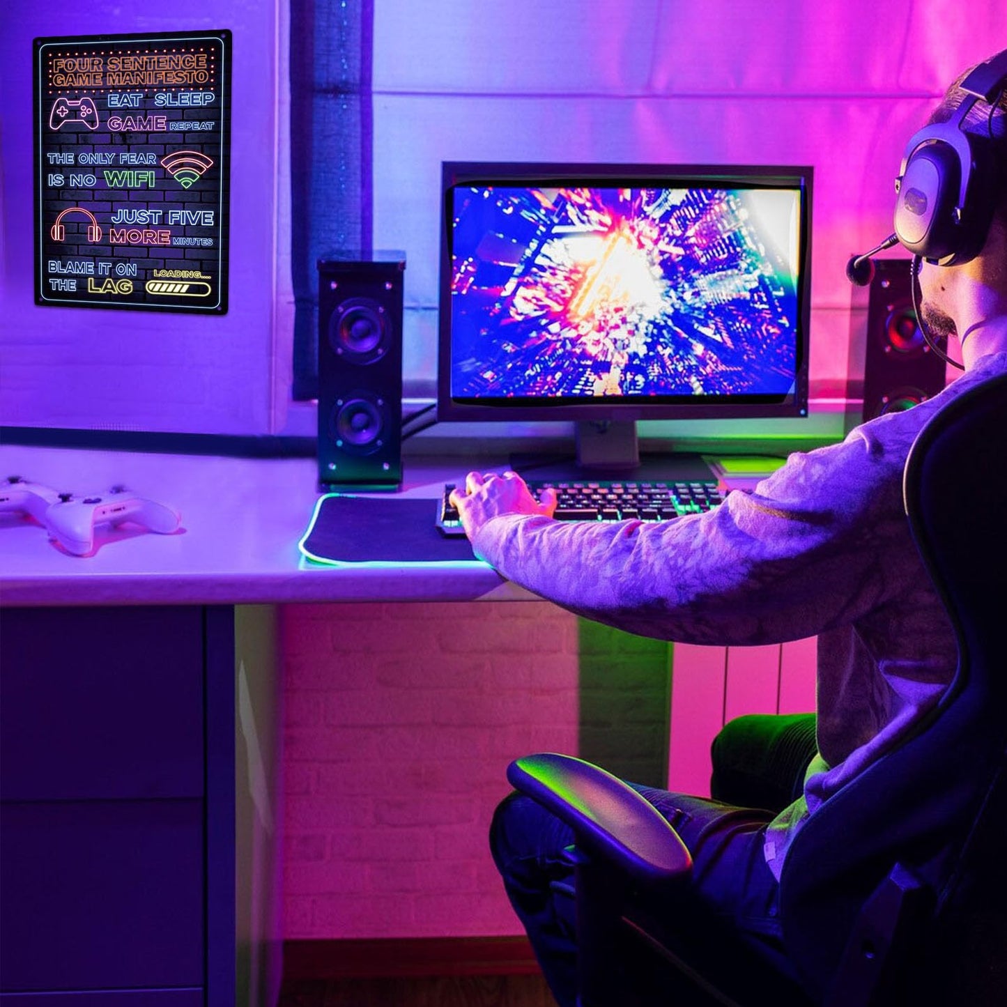 Yiruhe funny gamer sign neon printed metal poster featuring boys gaming room decor, wall art, and door decor in 8x12 inches