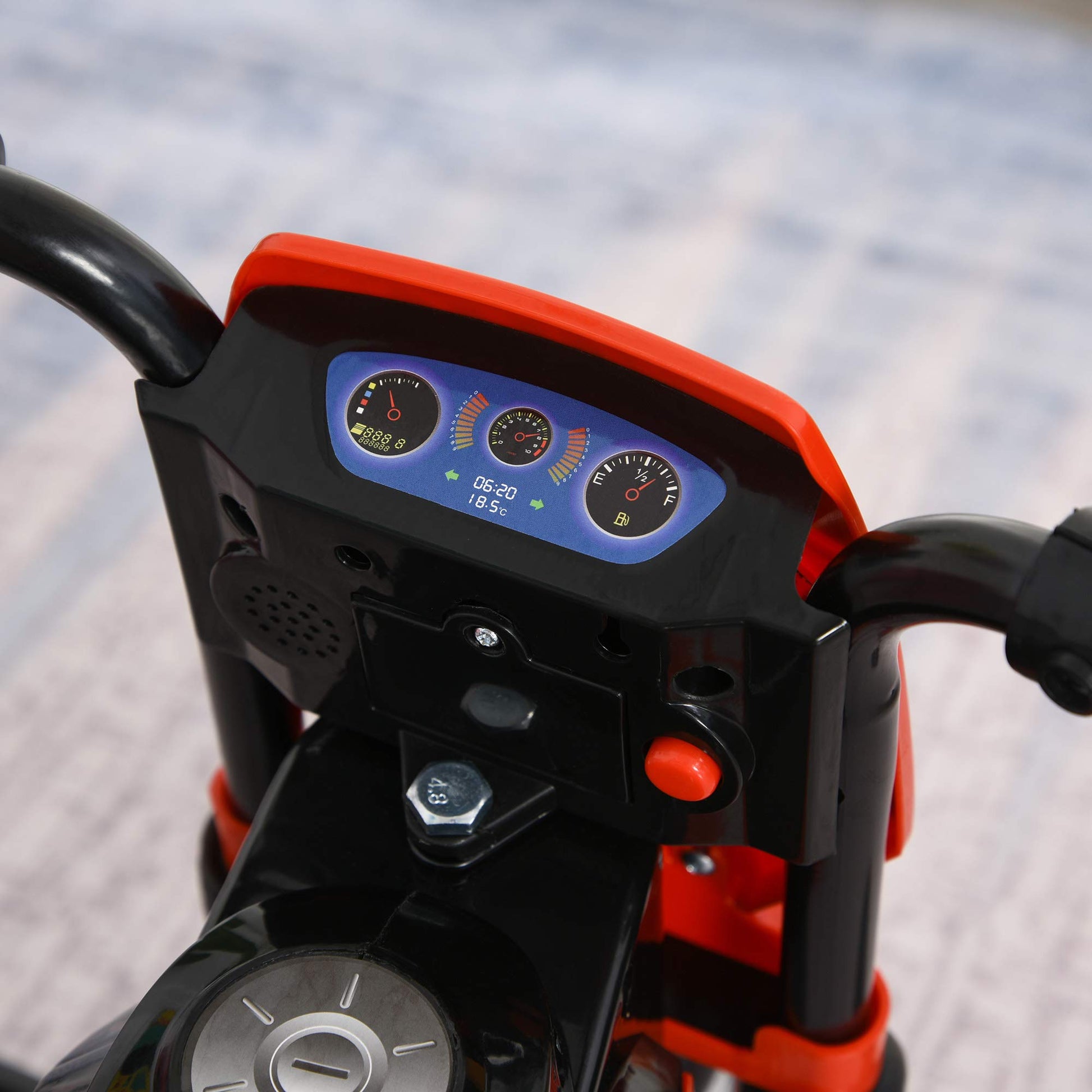 HOMCOM trike for toddlers in red, featuring a pedal motorcycle design, music lights, and handlebar stickers for early learning.