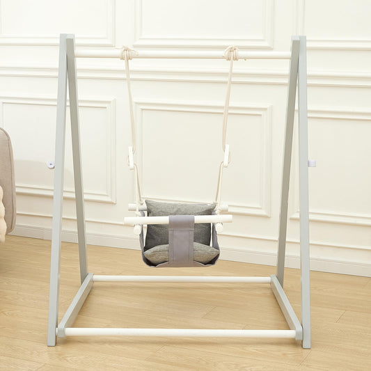 FUNLIO wooden toddler swing set with grey frame, foldable design, sturdy pine construction, and included sandbags and extension straps.