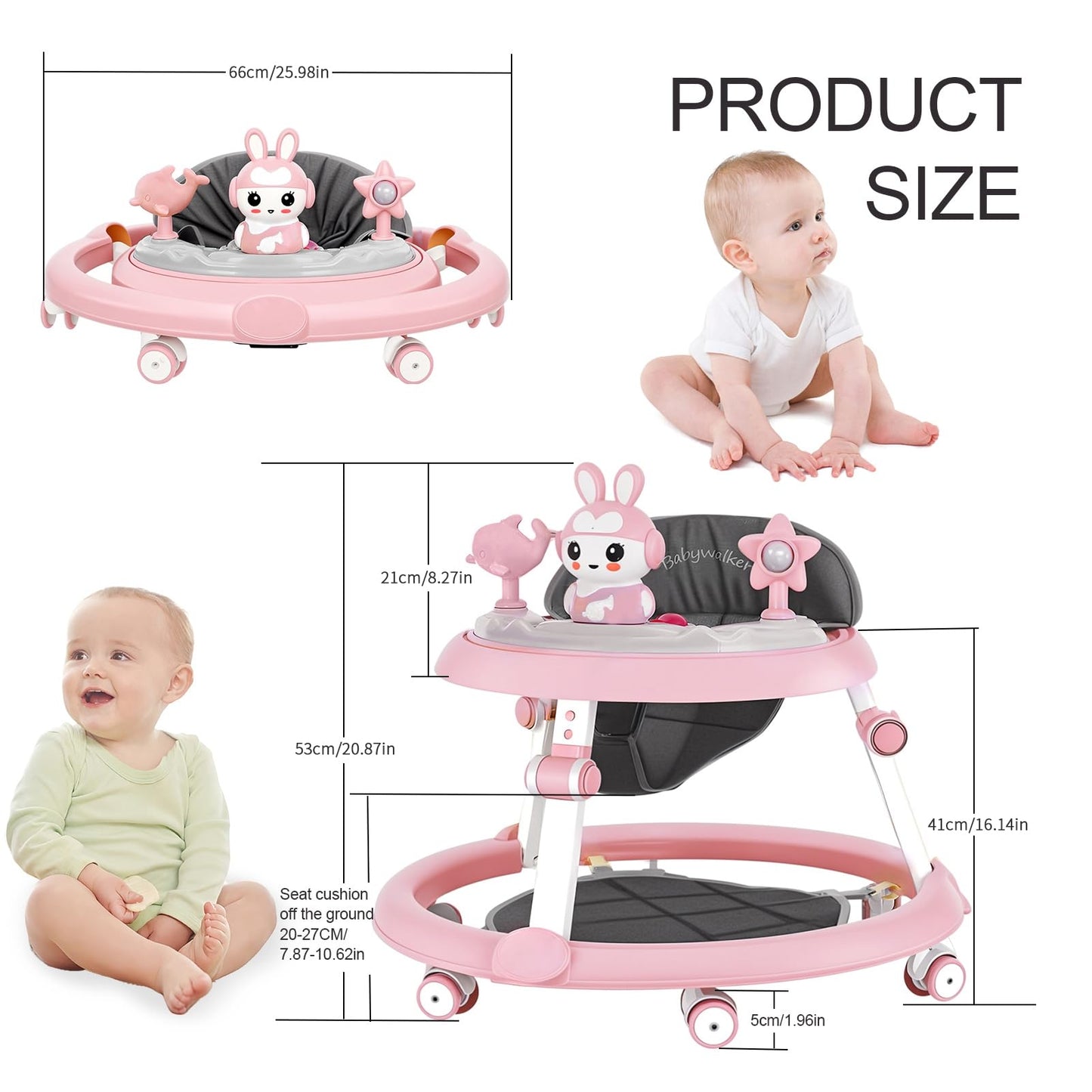 Pink height adjustable baby walker with foldable design, footrest, small toys, and music for ages 6-18 months by Autrfso.