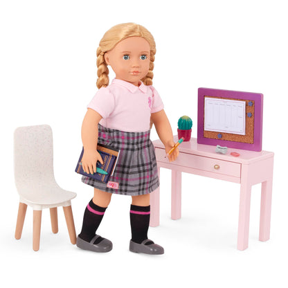 Our Generation dollhouse furniture set featuring a home desk and chair for 18-inch dolls, ideal for pretend play.