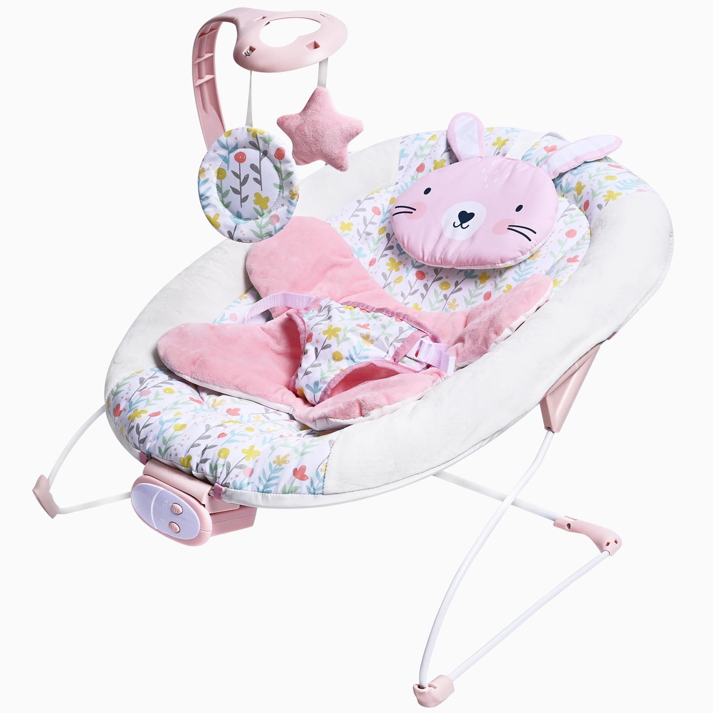 LADIDA baby bouncer with plush seat, removable toy bar, vibrating feature, and adjustable speed for infants up to 6 months.