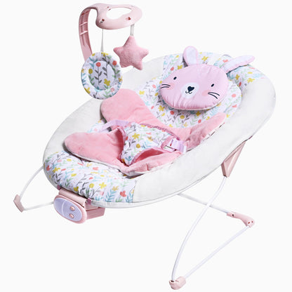 LADIDA baby bouncer with plush seat, removable toy bar, vibrating feature, and adjustable speed for infants up to 6 months.