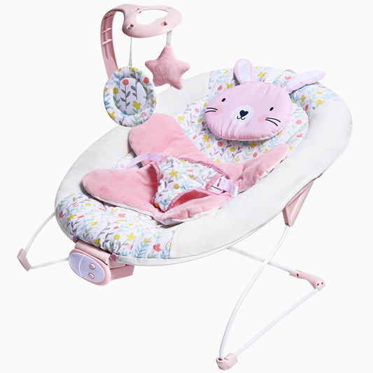 LADIDA baby bouncer with plush seat, removable toy bar, vibrating feature, and adjustable speed for infants up to 6 months.