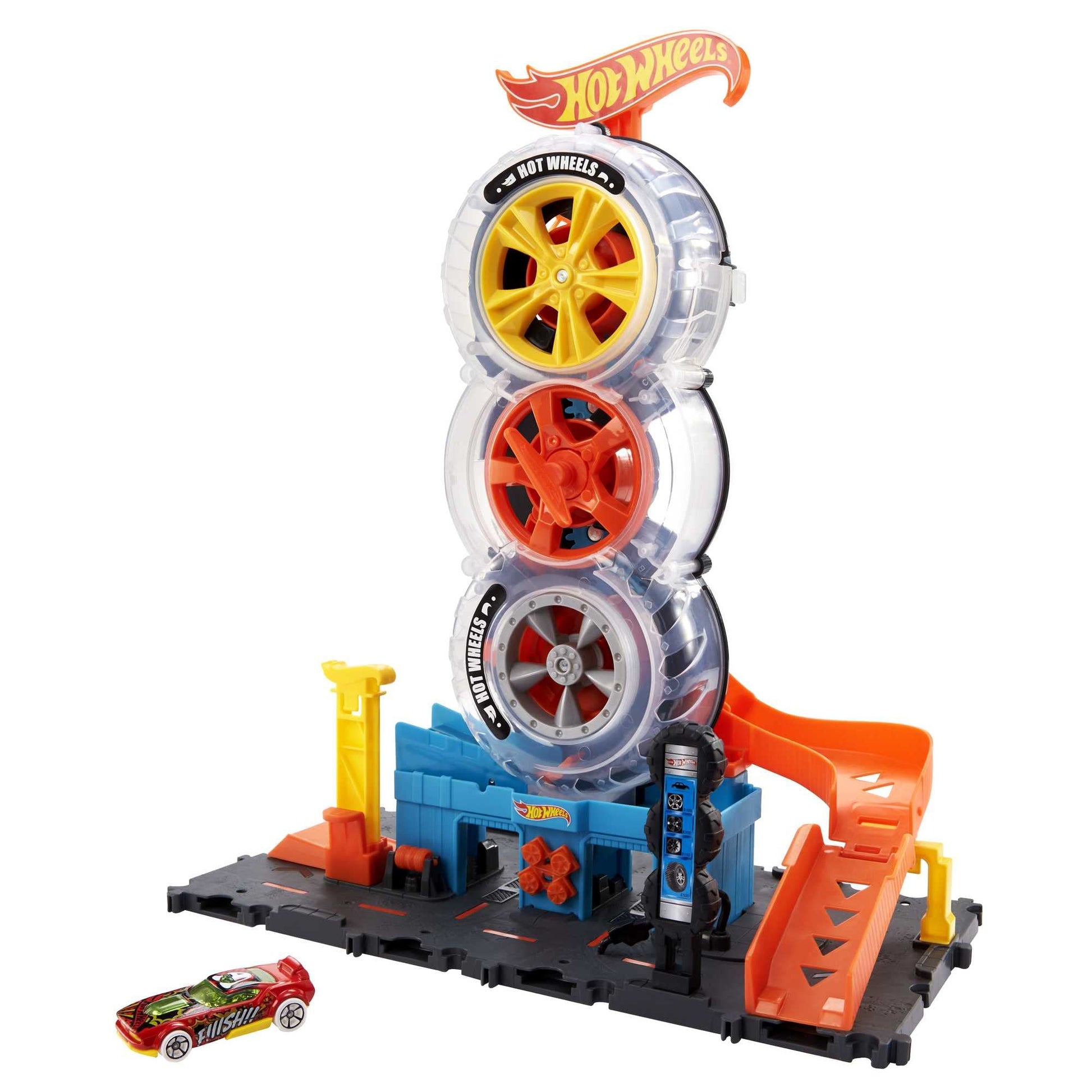 Hot Wheels City Super Twist Tire Shop Playset with spinning key and included Hot Wheels car for kids aged 4 to 8.