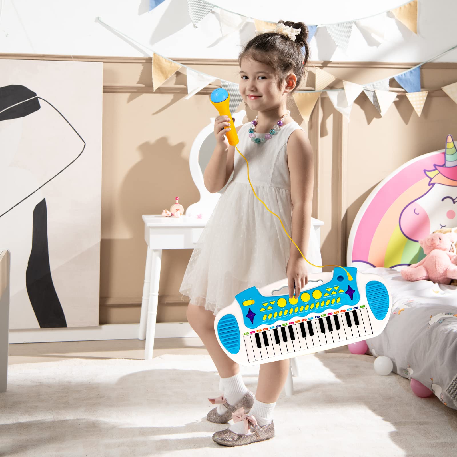 COSTWAY 31-key kids electronic keyboard with stool, microphone, flashing lights, recording functions, blue toy piano for children