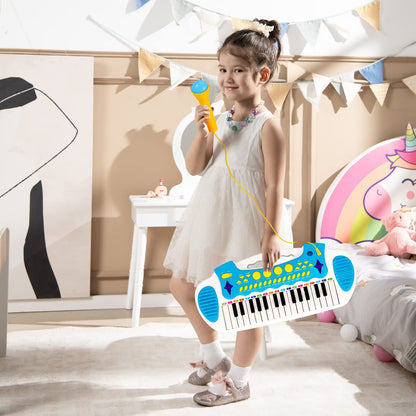 COSTWAY 31-key kids electronic keyboard with stool, microphone, flashing lights, recording functions, blue toy piano for children