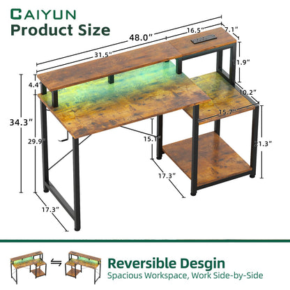 CAIYUN 48-inch brown computer desk with printer stand, power outlets, adjustable LED, monitor stand, and space for study or work.