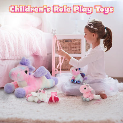 MorisMos Big Unicorn Teddy Stuffed Animal, 50cm Mom with 3 Cuddly Baby Inside, Giant Fluffly Soft Toy Realistic Kawaii Gift for Kids Birthday Deco