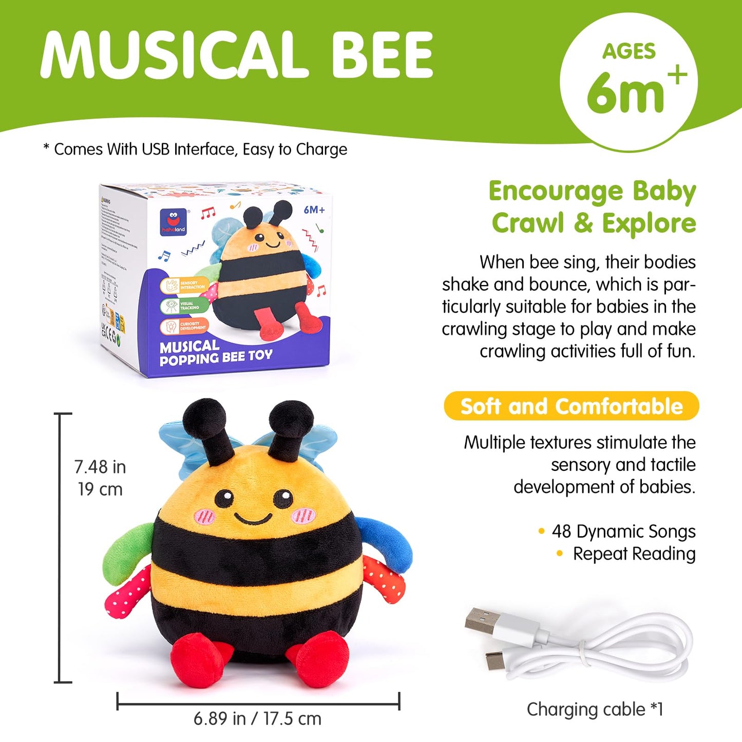 hahaland 4-IN-1 Dancing Bee Baby Toys 6 to 12 Months Boys & Girls Montessori Plush Interactive Sensory Tummy Time Toys, Musical Crawling Walking and Speaking Learning Gifts