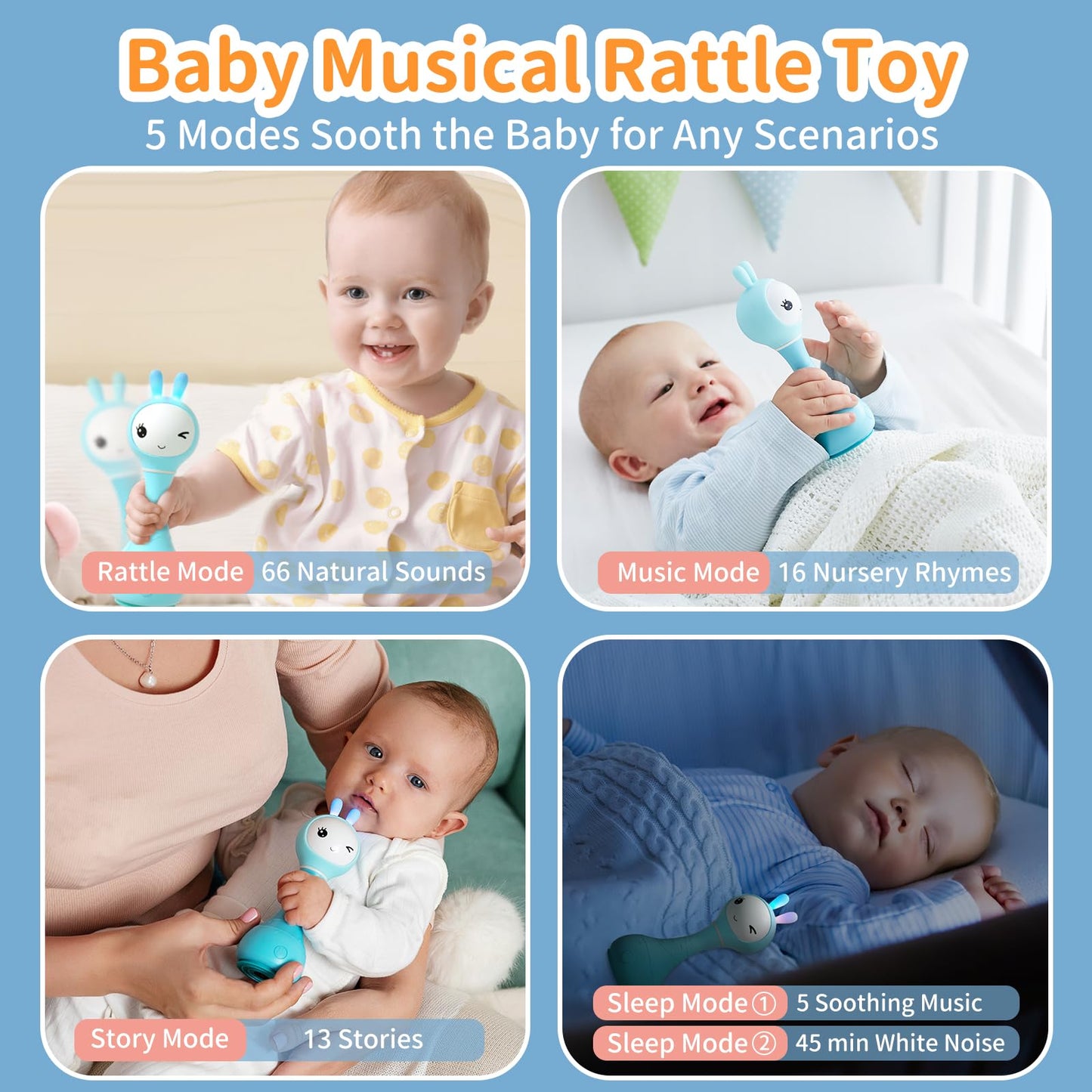 Alilo Smarty Bunny baby rattle toy with colorful modes, musical sounds, and teething features for infants aged 0-24 months.