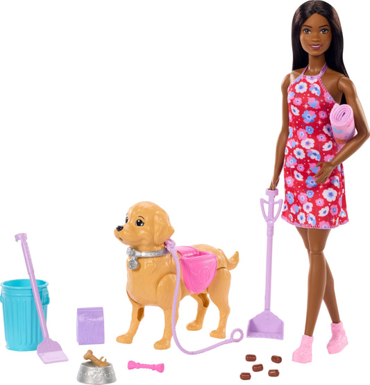 Barbie Walk & Potty Pup Toy Set featuring a walking toy dog, Brooklyn doll, and pet accessories on a colorful background.