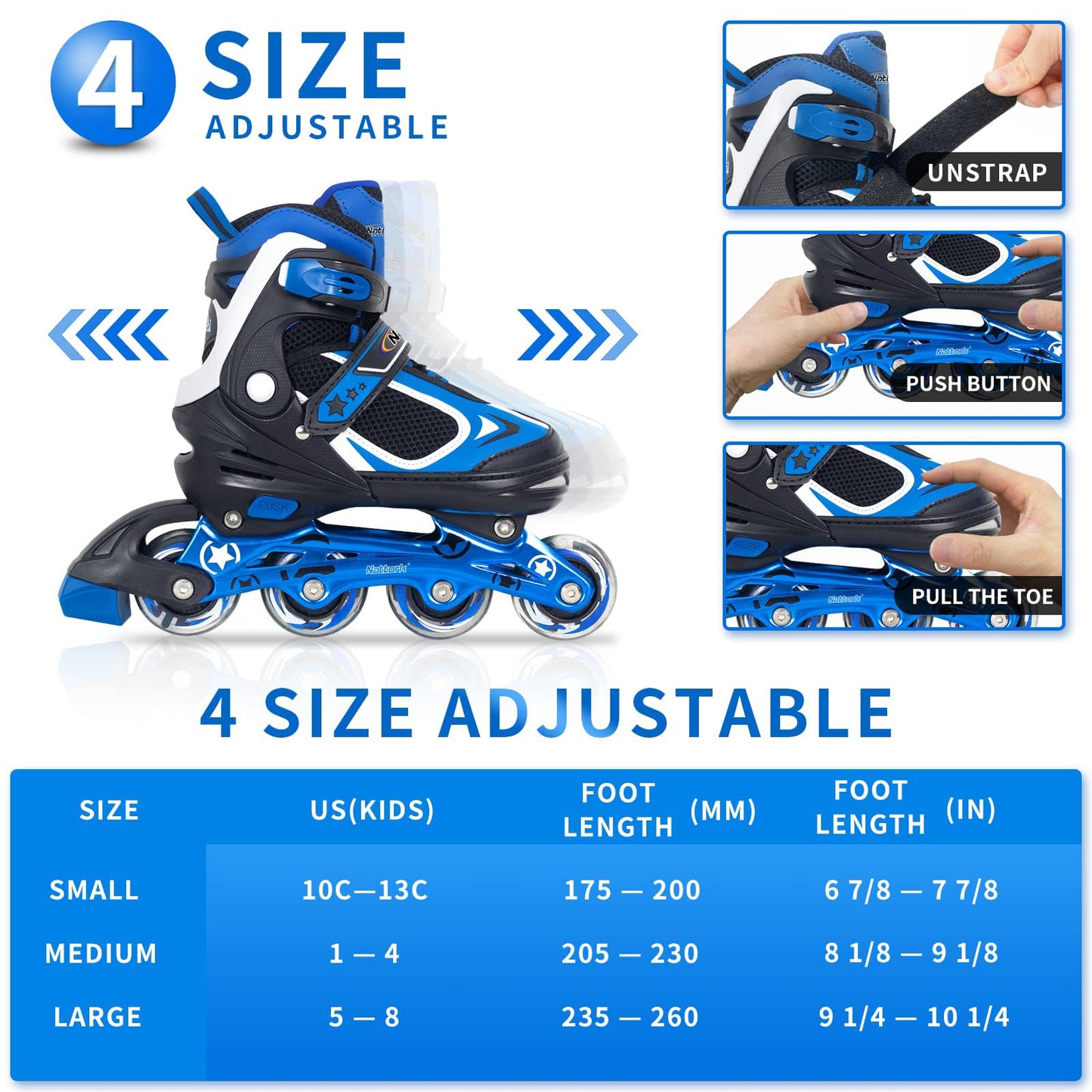 Nattork boys' blade roller skates with light-up wheels, blue inline skates for outdoor and indoor use, suitable for ages 5-10.
