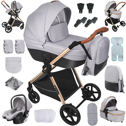 Magic ZC 4 in 1 Pushchair Pram Travel System, Baby Stroller 4 in 1 with Reversible Two Pushing Modes, Newborn Infant Carriage One-Click Folding, Toddler Buggy Aluminum Frame (H2 Light Grey)
