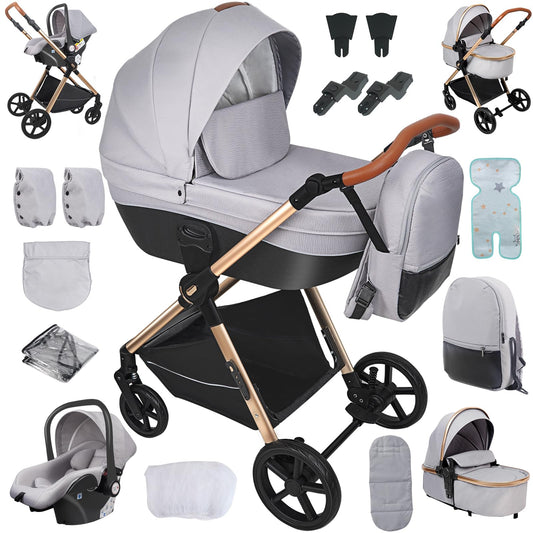 Magic ZC 4 in 1 Pushchair Pram Travel System, Baby Stroller 4 in 1 with Reversible Two Pushing Modes, Newborn Infant Carriage One-Click Folding, Toddler Buggy Aluminum Frame (H2 Light Grey)