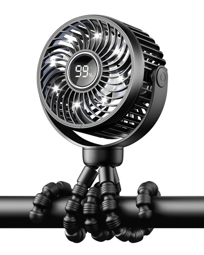 Black Bearwind mini portable pram fan attached to stroller with clip, showing digital display, night light, and 360° rotate tripod design.