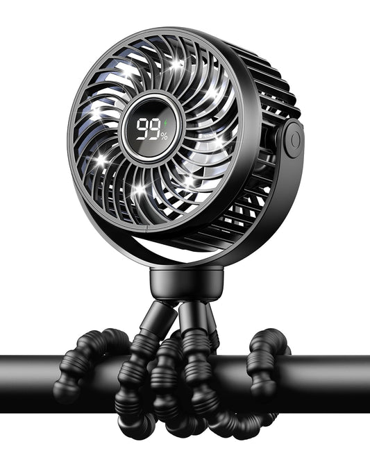 Black Bearwind mini portable pram fan attached to stroller with clip, showing digital display, night light, and 360° rotate tripod design.