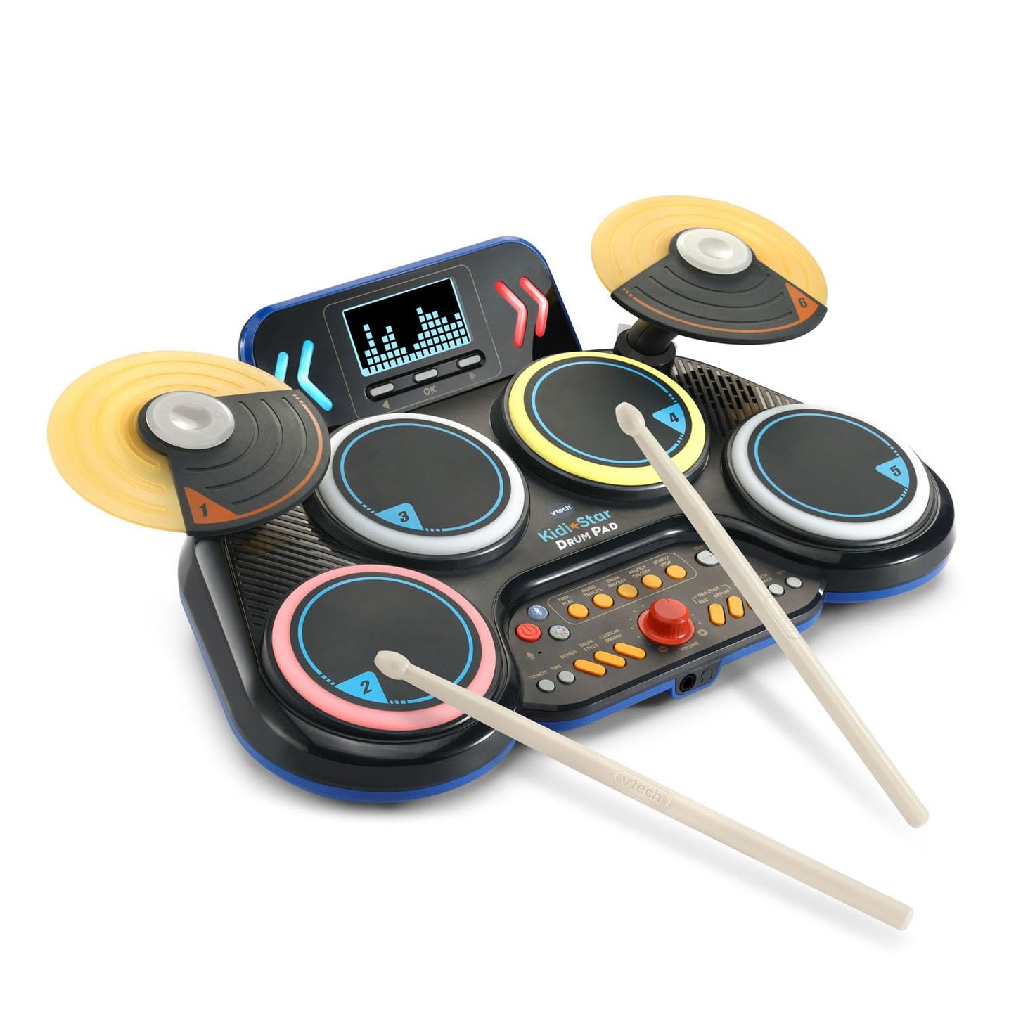 VTech Kidi Star Drum Pad in black with colorful buttons and drum sticks, designed for kids to create music and rhythms.