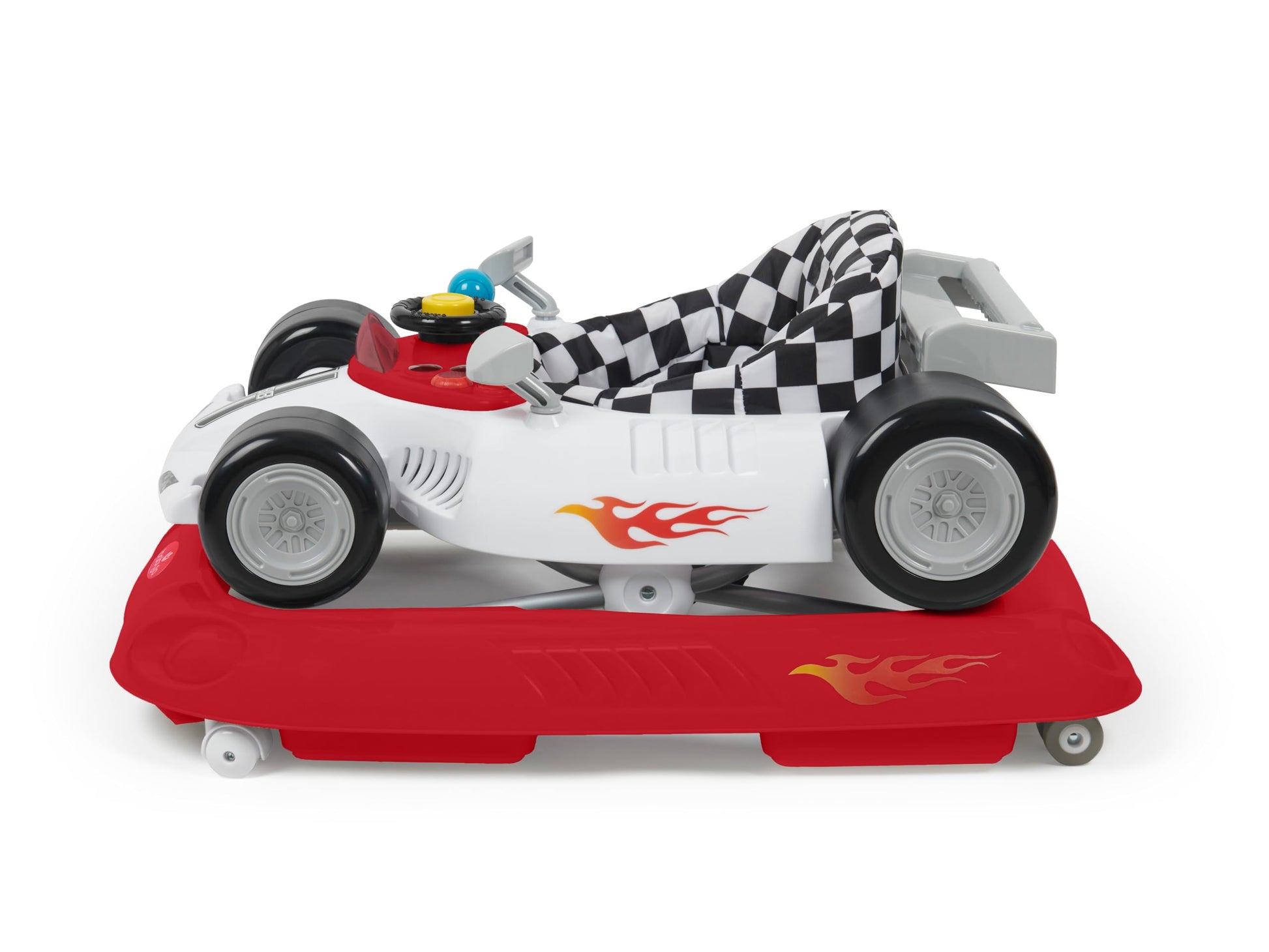 Babylo Racer Baby Walker in white and red with adjustable height and a sturdy frame, suitable for infants learning to walk.
