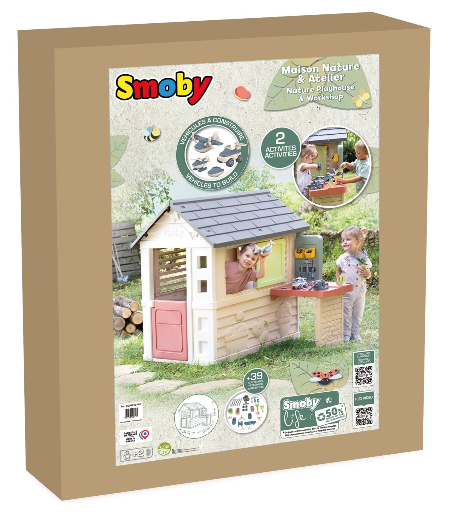 Smoby Life Nature Playhouse with Workshop featuring colorful wooden panels, windows, and a working door for kids' outdoor play.