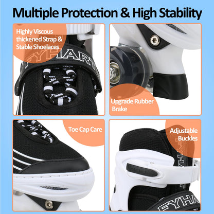MGYZM kids roller skates for girls and boys with adjustable fit, light-up wheels, suitable for indoor and outdoor use, white and black.