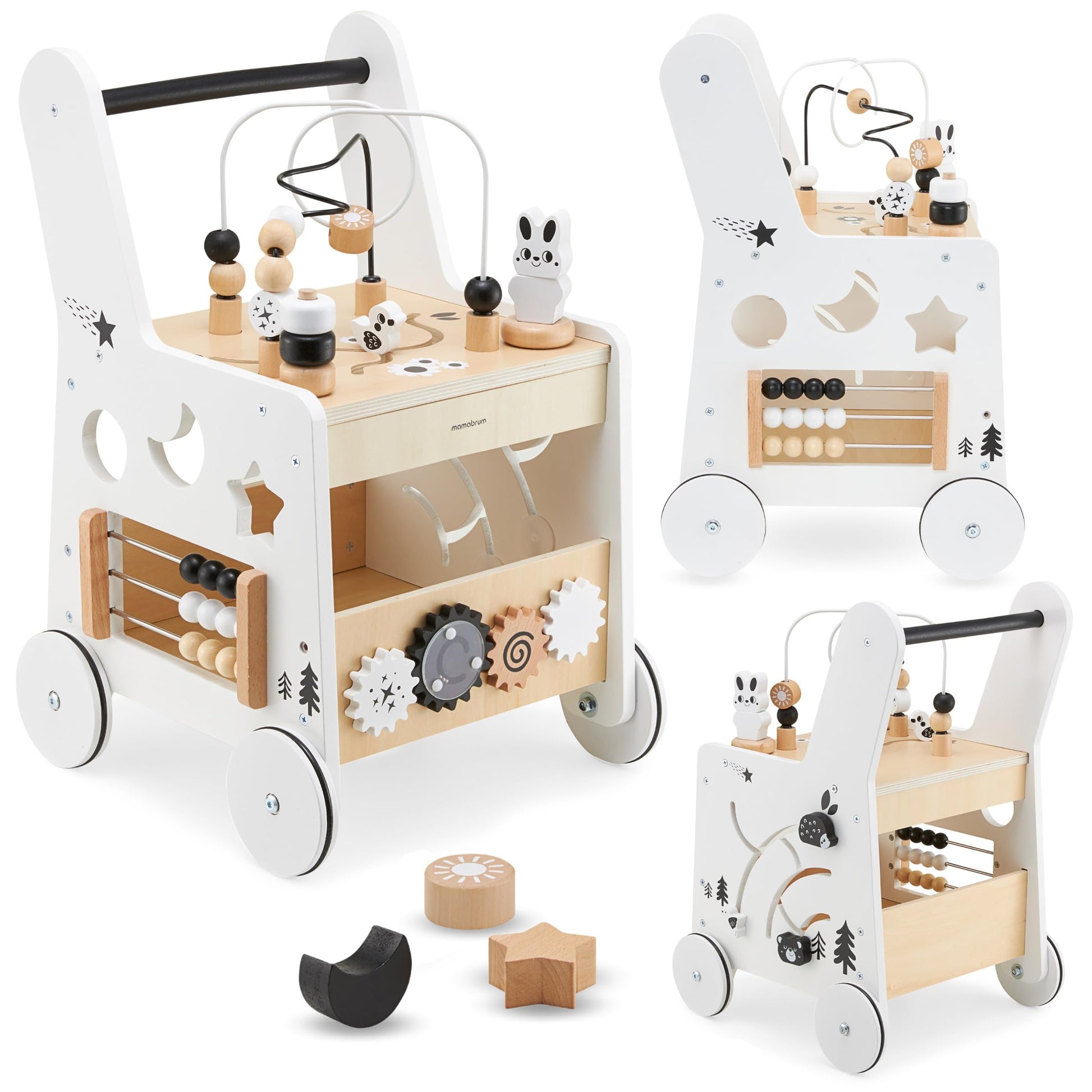 Mamabrum wooden baby walker with wheels, featuring shape sorter, bead mazes, gears, abacus, and stacking blocks for toddlers.