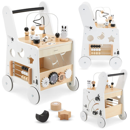 Mamabrum wooden baby walker with wheels, featuring shape sorter, bead mazes, gears, abacus, and stacking blocks for toddlers.