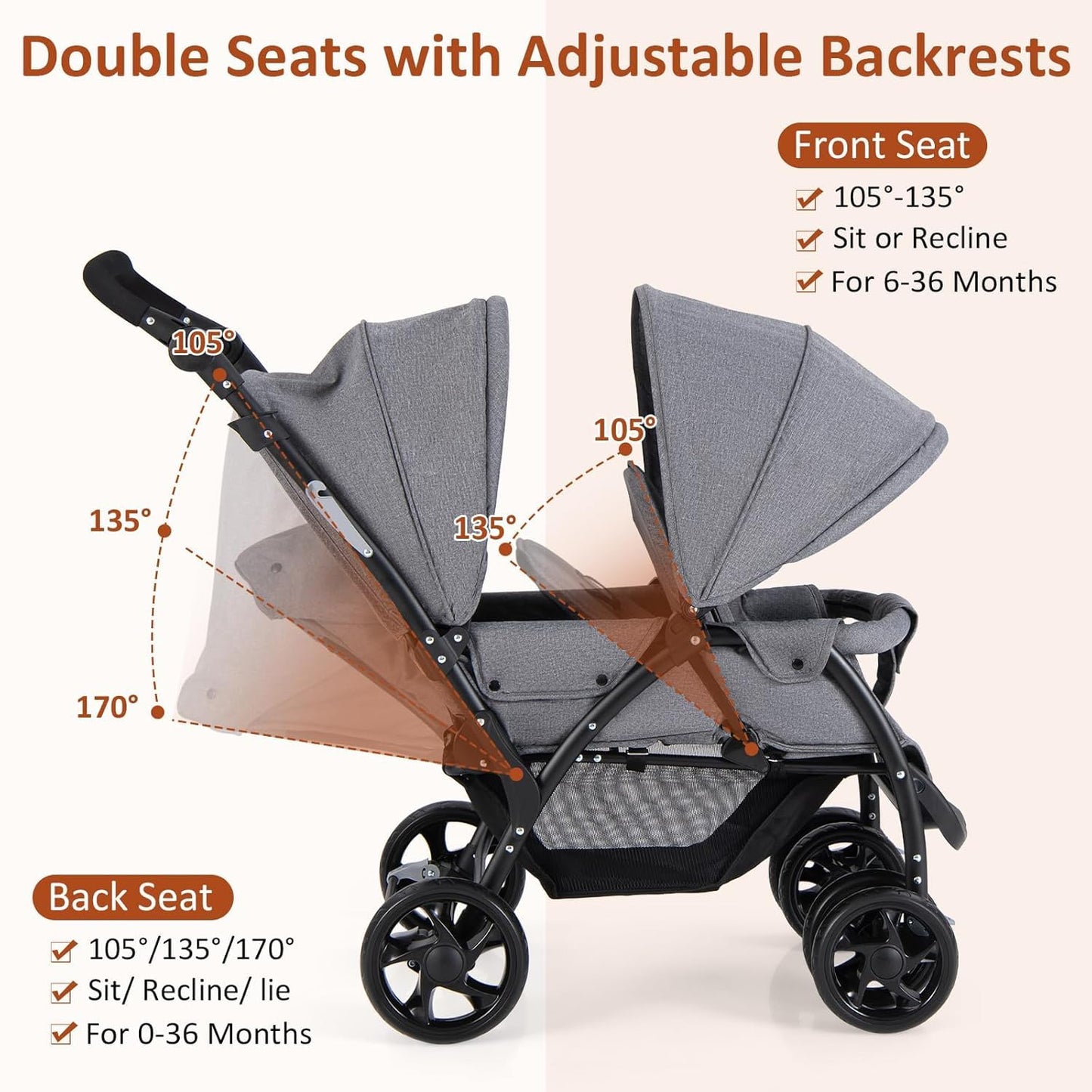 Foldable Twin Stroller, Double Baby Pushchair w/Multi-Level Backrest, Canopy, Handle & Footrest, Safety Belt & Brake System, Travel Tandem Seating Stroller w/Lockable Wheels (Gray)