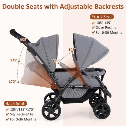 Foldable Twin Stroller, Double Baby Pushchair w/Multi-Level Backrest, Canopy, Handle & Footrest, Safety Belt & Brake System, Travel Tandem Seating Stroller w/Lockable Wheels (Gray)
