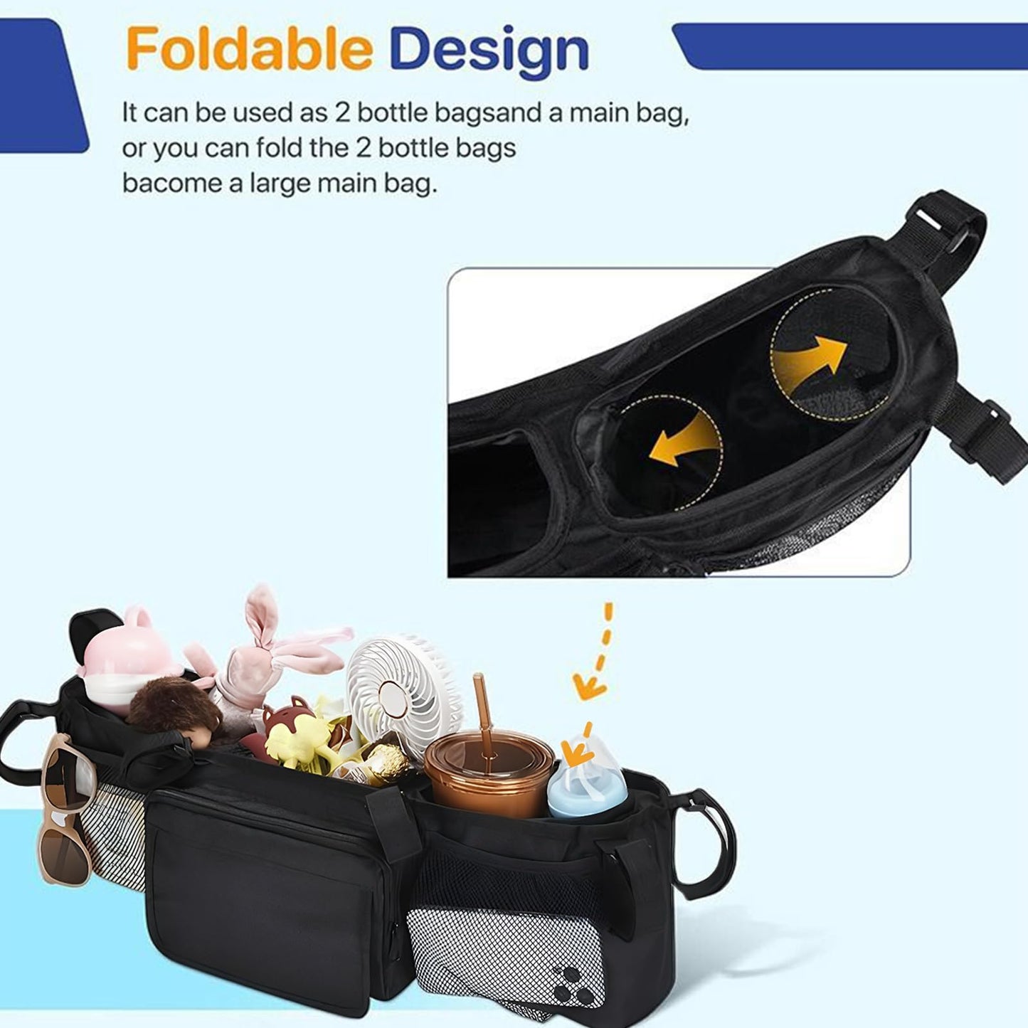 Double Stroller Organizer - Spacious Water Proof Organization with 3 Compartments | Baby Stroller Organizers,for Daily Baby Parents Home Outdoor Camping Walking Home