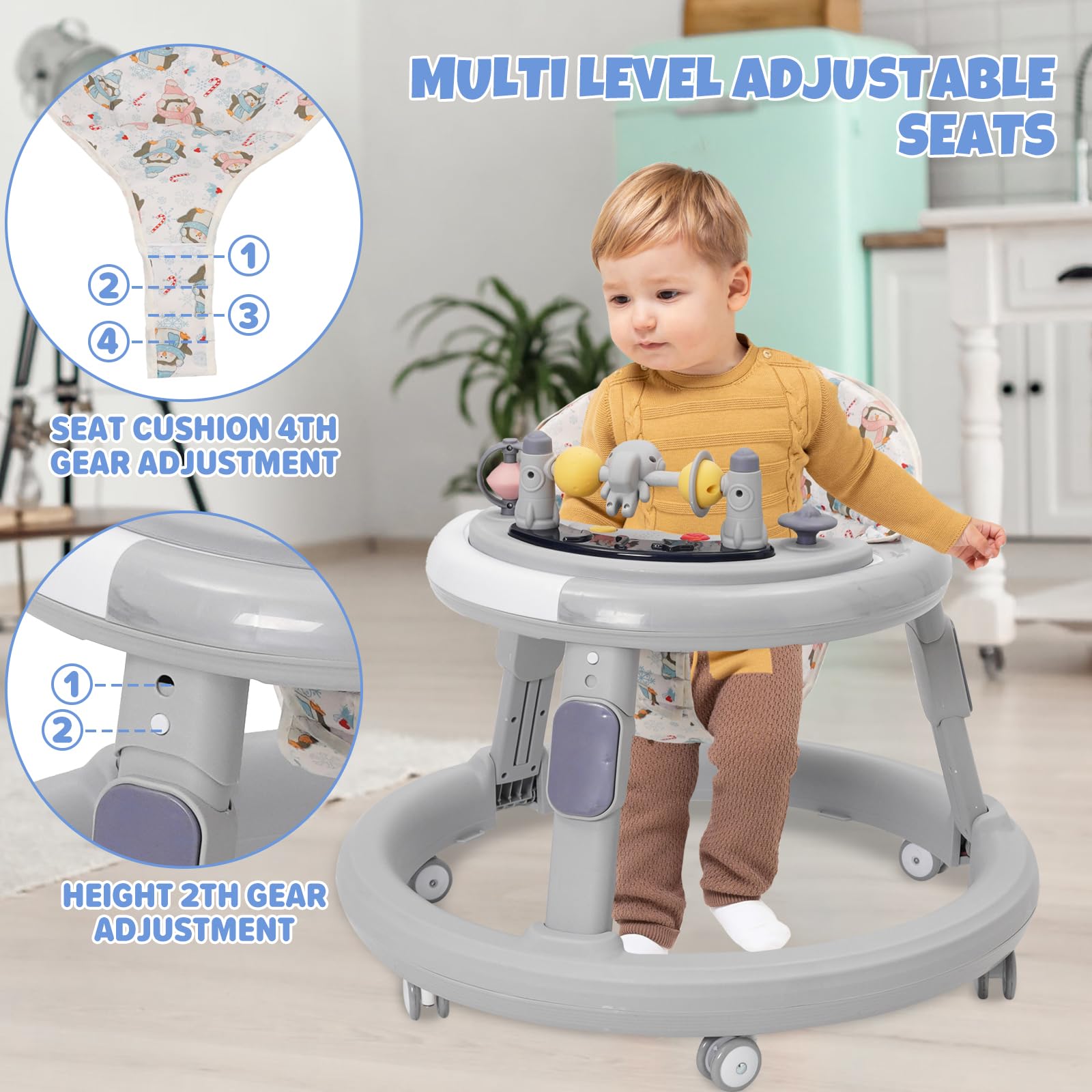 Foldable 3-in-1 baby walker by EULEUY with adjustable height, 360° quiet wheels, dinner tray, and music play center for toddlers.