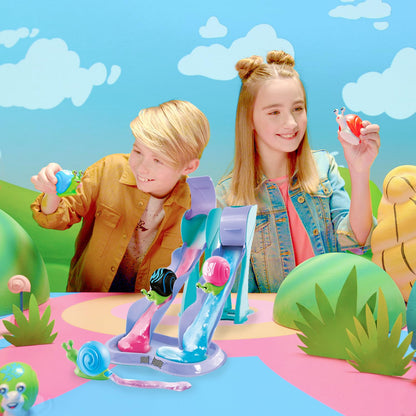 Colorful slime race set featuring squeezable snails and racing tracks for kids 5+ by Canal Toys