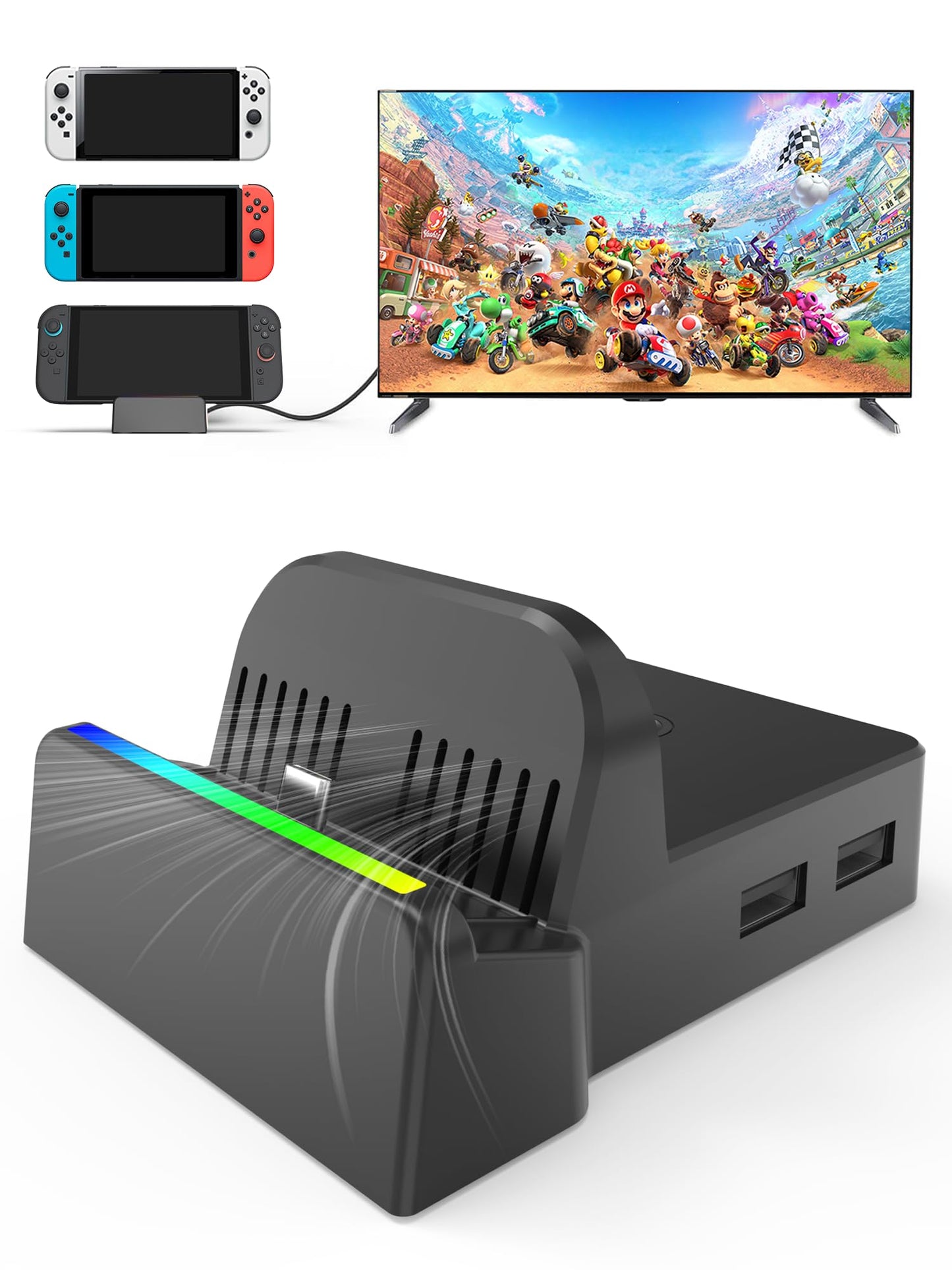 QJYKIONE portable Nintendo Switch dock with 4K HDMI output, compatible with Switch OLED and Switch 2, supports latest system updates.
