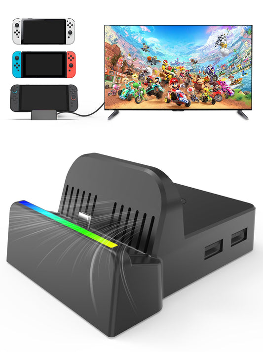 QJYKIONE portable Nintendo Switch dock with 4K HDMI output, compatible with Switch OLED and Switch 2, supports latest system updates.