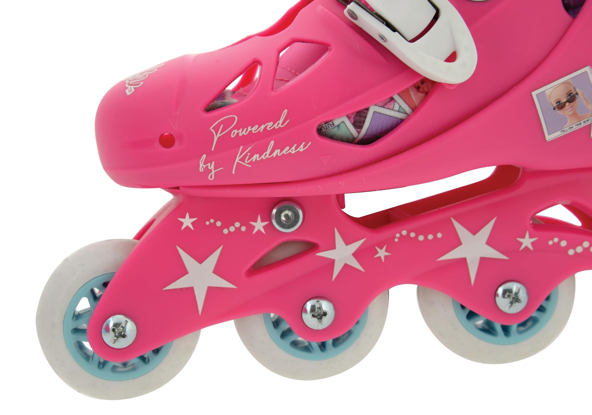 M.V. Sports Barbie-themed inline skates with adjustable fit, durable construction, and comfortable pivoting heel cuff for kids.