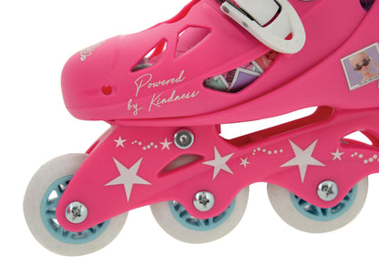 M.V. Sports Barbie-themed inline skates with adjustable fit, durable construction, and comfortable pivoting heel cuff for kids.
