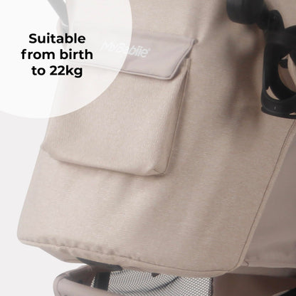My Babiie MB30 Pushchair – from Birth to 4 Years (22kg), Easy Compact Fold, Large Shopping Basket, Adjustable Handle, Stroller Includes Cup Holder, Rain Cover – Oatmeal