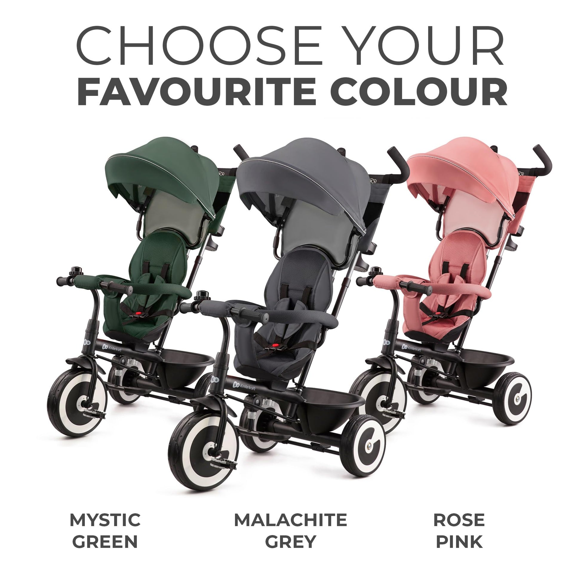 Kinderkraft Aston Tricycle in gray with parent handle, footrest, cupholder, and bag for kids aged 9 months to 5 years.