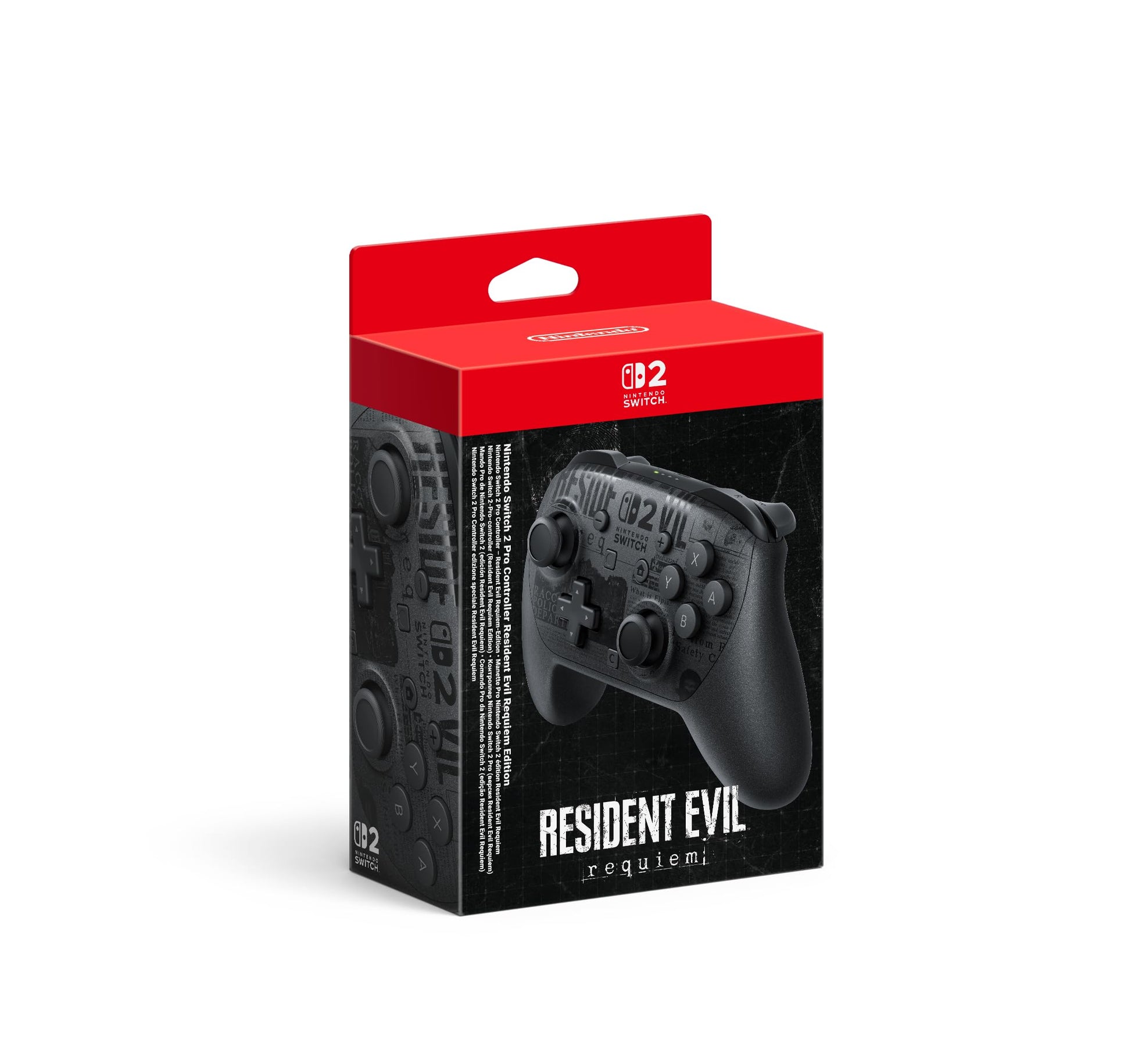 Nintendo Switch 2 Pro Controller featuring Resident Evil Requiem Edition design, with ergonomic grips and action buttons.