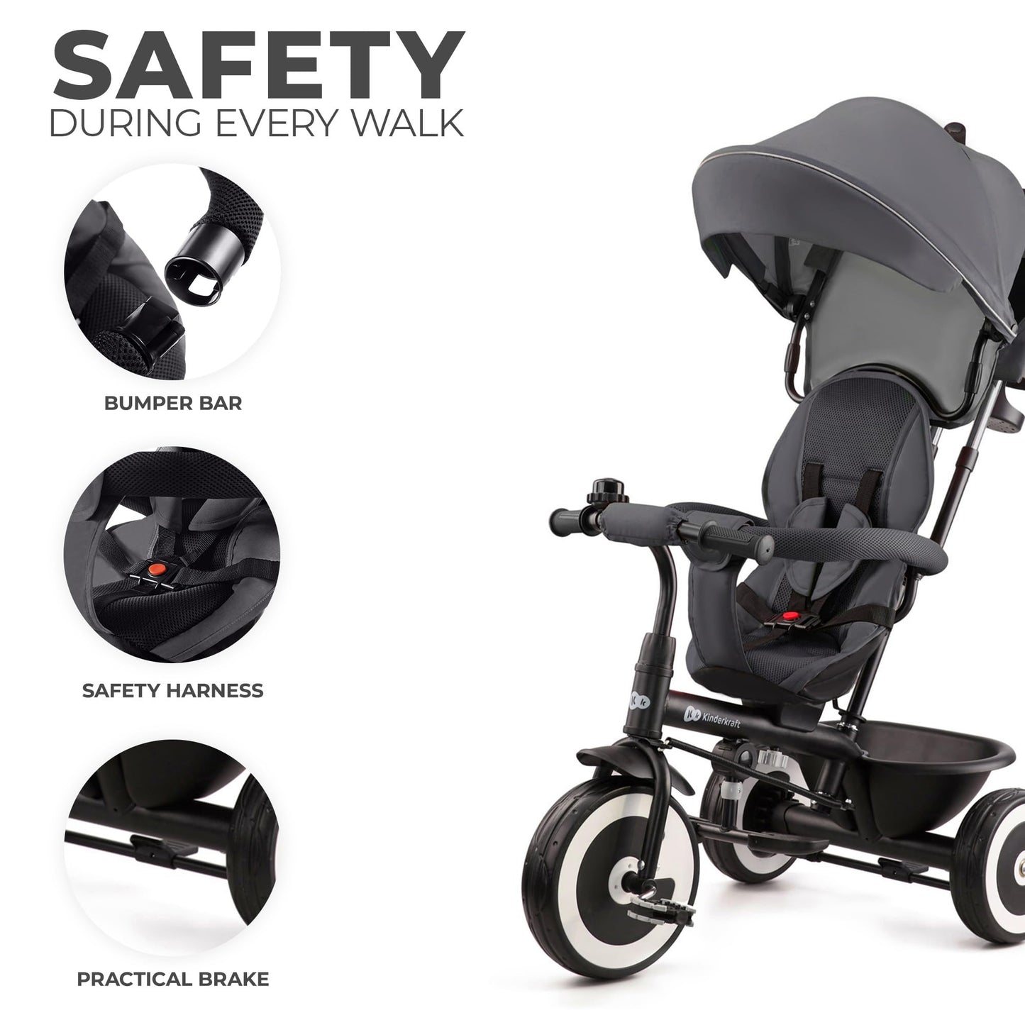 Kinderkraft Aston tricycle in gray with parent handle, footrest, cupholder, and bag for kids aged 9 months to 5 years.