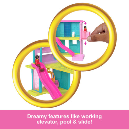 Mini BarbieLand dollhouse set with furniture, elevator, pool, and 1.5-inch Barbie doll, designed for children ages 4 and up.