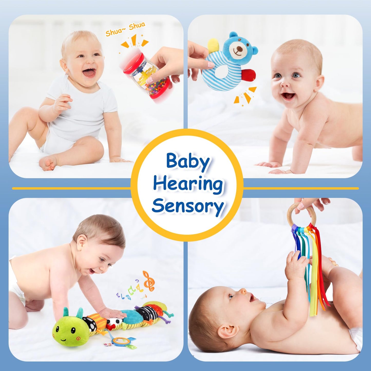 Joyreal baby toys set for 0-6 months, featuring musical caterpillar, rattles, and colorful sensory ribbons.