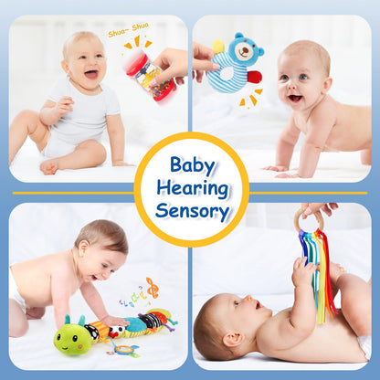 Joyreal baby toys set for 0-6 months, featuring musical caterpillar, rattles, and colorful sensory ribbons.