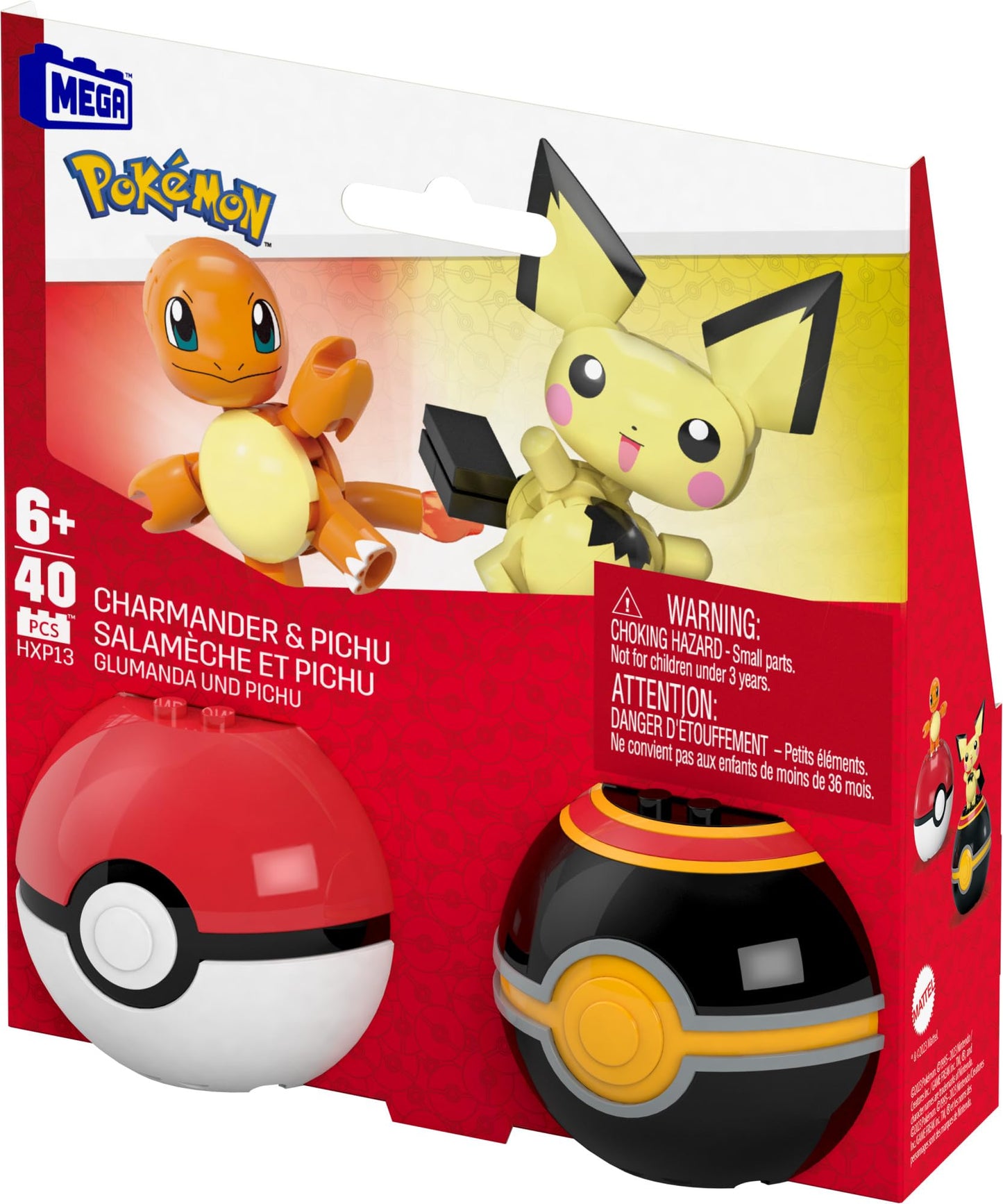 MEGA Pokémon building toys set featuring Pichu and Charmander, 40 pieces, 2 poseable characters, and Poké Ball.