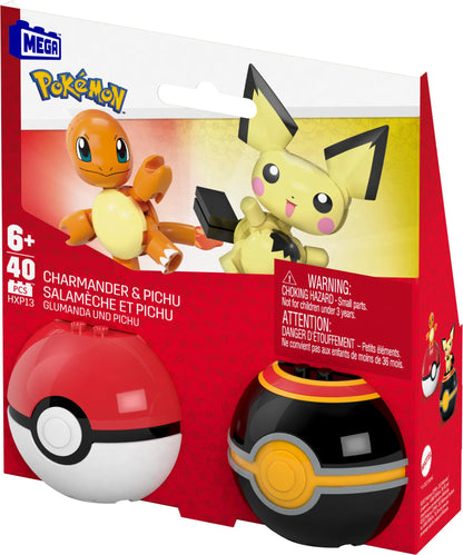 MEGA Pokémon building toys set featuring Pichu and Charmander, 40 pieces, 2 poseable characters, and Poké Ball.